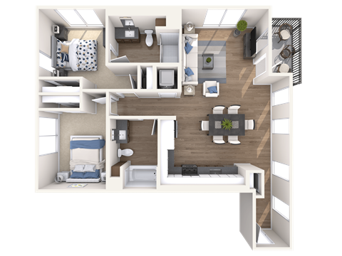 a 3d rendering of a furnished floor plan with a bedroom and a living room